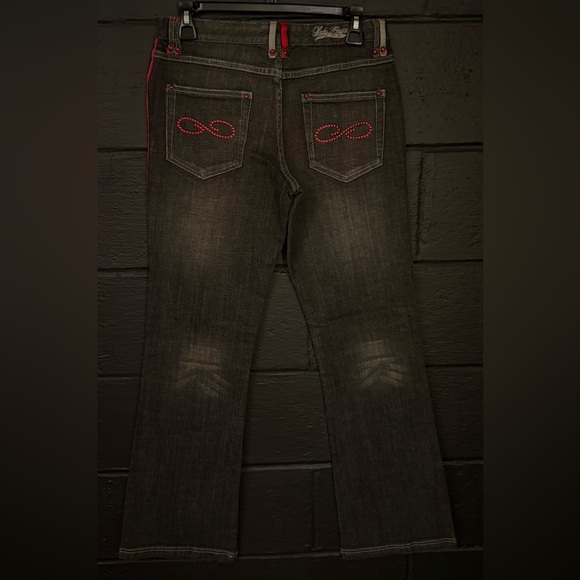 Lady Enyce Y2K Low Rise Flare Jeans Women’s Black Red Satin Trim Deadstock NWT - Picture 3 of 6